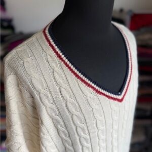 Men’s 3X V-Neck Cable Knit Tennis Sweater - Cream- Acrylic